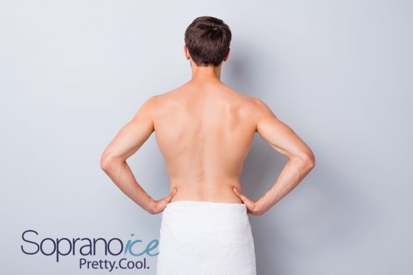 Back rear side view photo of handsome guy stand after man spa salon skincare therapy treatment have white towel isolated over grey color background